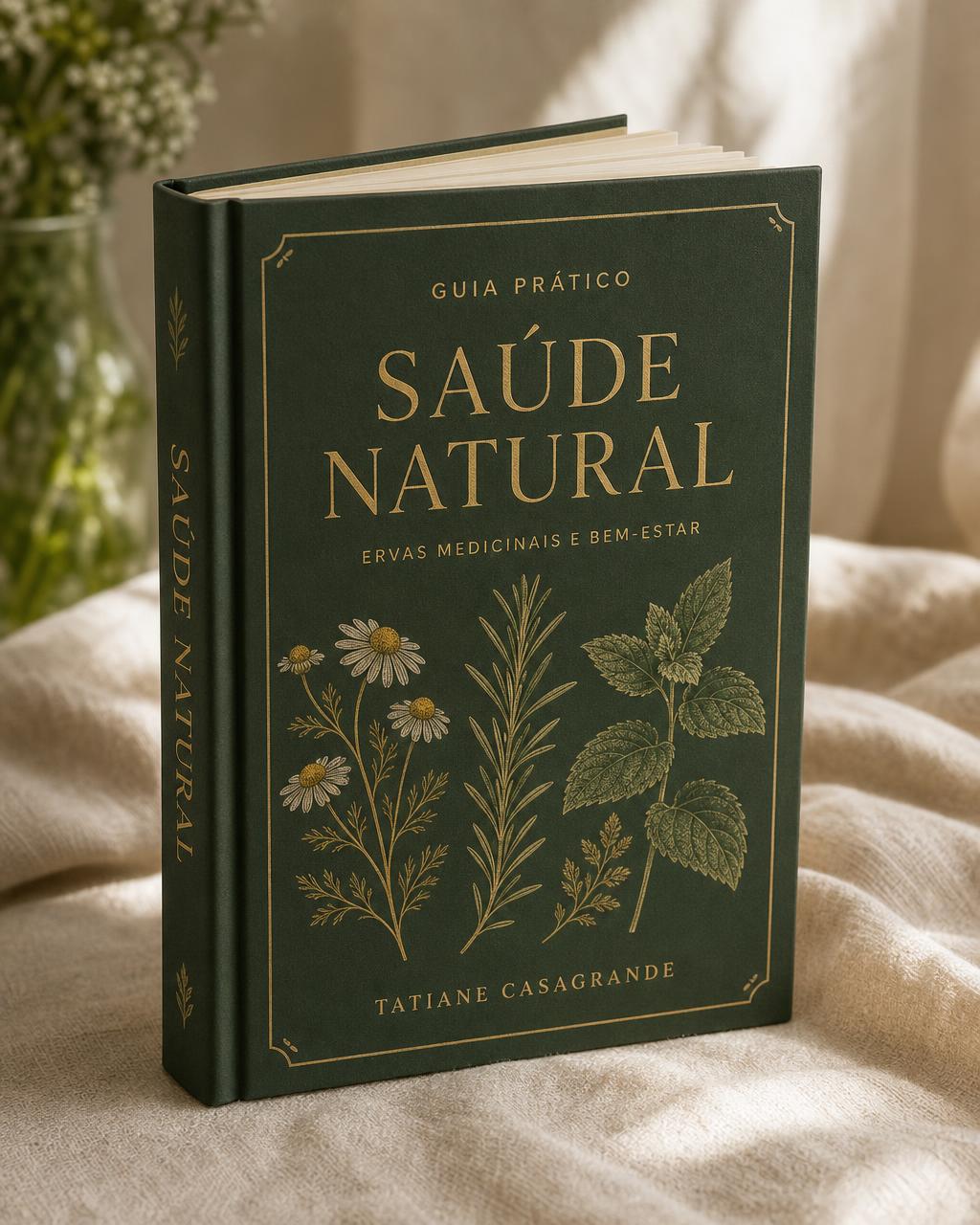 Capa do e-book Saúde Natural, com ilustrações botânicas de camomila, alecrim e hortelã